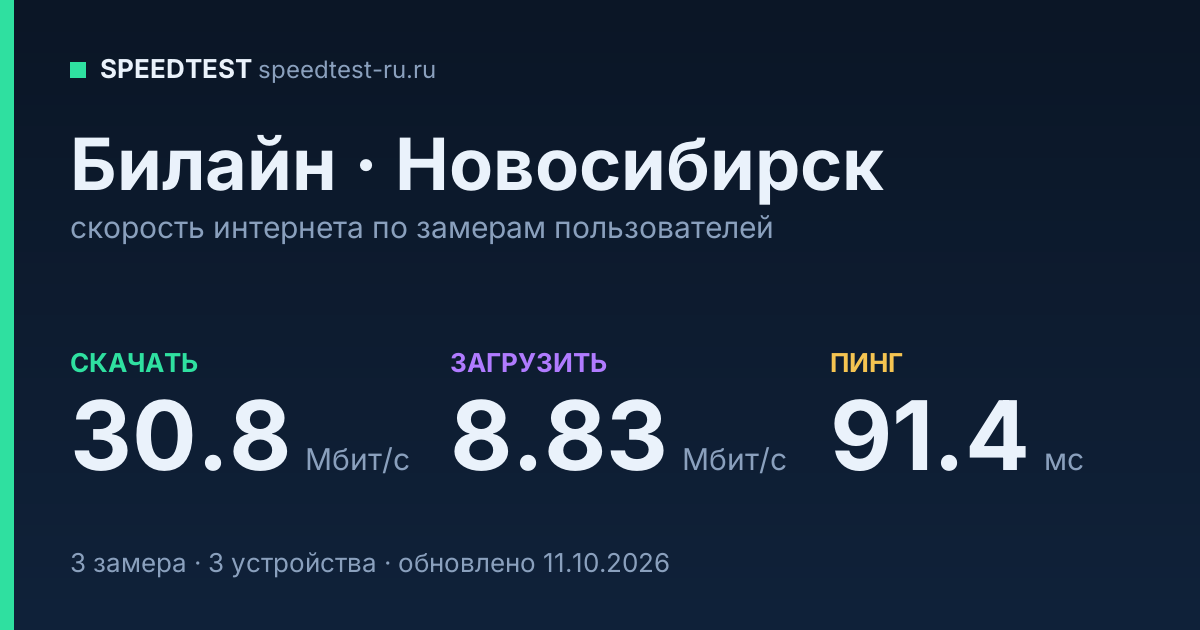 Средняя скорость интернета Билайн в Новосибирске (2026): скачивание 30.8 Мбит/с, загрузка 8.83 Мбит/с, пинг 91.4 мс — карточка по замерам пользователей