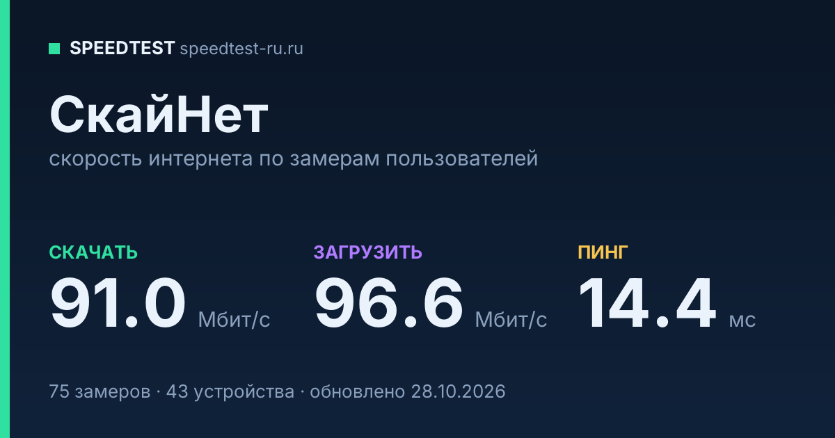 Средняя скорость интернета СкайНет (2026): скачивание 91.0 Мбит/с, загрузка 96.6 Мбит/с, пинг 14.4 мс — карточка по замерам пользователей